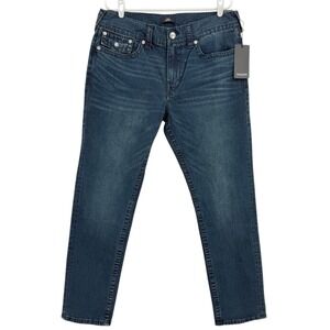 True Religion Men's Geno Relaxed Slim Big T Blue Denim Jeans 36x32 NWT $199.00